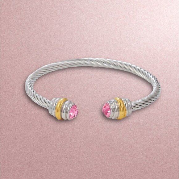 NWT Women’s Two-Tone Wire Cuff Bangle Bracelet With Pink Cubic Zirconia - Picture 2 of 5